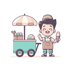 A cheerful ice cream vendor stands beside his colorful cart, serving delicious treats on a sunny day