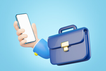 3D cartoon hand holding a smartphone with a blank white screen, next to a blue briefcase with a gold clasp, on a light blue background. Ideal for business, mobile apps, and professional concepts.