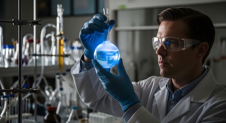 Male scientist in a lab coat and safety glasses holding a glowing round-bottom flask with blue liquid.