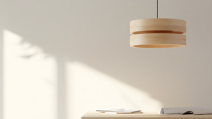 Obraz premium Minimalist interior with a wooden pendant lamp casting soft light over a clean, bright space, enhanced by subtle shadows and neutral tones.