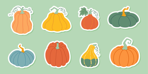 Pumpkin sticker set. Pumpkin and squash different colors and sizes. Hand drawn trendy flat style isolated. Thanksgiving, farm harvest. Vector illustration