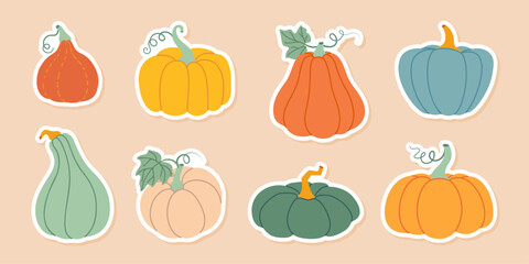 Pumpkin sticker set. Pumpkin and squash different colors and sizes. Hand drawn trendy flat style isolated. Thanksgiving, farm harvest. Vector illustration