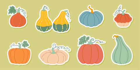 Pumpkin sticker set. Pumpkin and squash different colors and sizes. Hand drawn trendy flat style isolated. Thanksgiving, farm harvest. Vector illustration