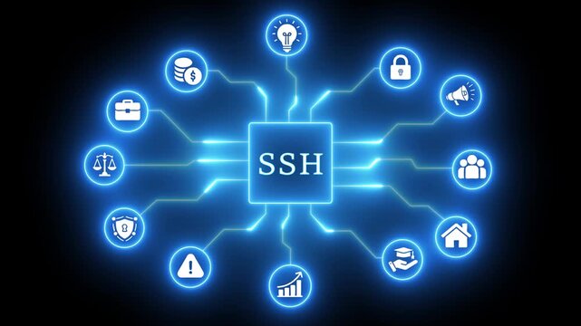 SH security concept with interconnected icons and glowing blue lines on black background encryption