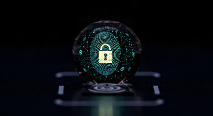 An innovative holographic display projects a detailed biometric fingerprint and a prominent padlock, illustrating cutting-edge cybersecurity measures and secure access protocols.