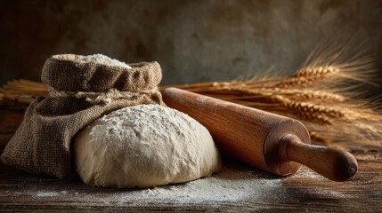 wheat dough at flour powder and rolling pin on table for homemade bread cooking or baking food set at wooden tabletop near wall background texture bakery concept no logos no brands ar 169