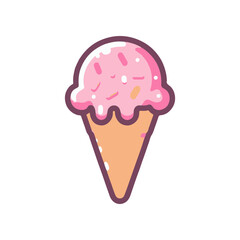 A colorful illustration of a pink ice cream cone with sprinkles against a white background