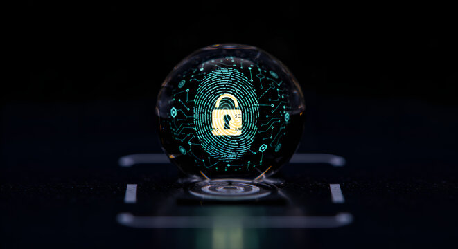 An innovative holographic display projects a detailed biometric fingerprint and a prominent padlock, illustrating cutting-edge cybersecurity measures and secure access protocols.