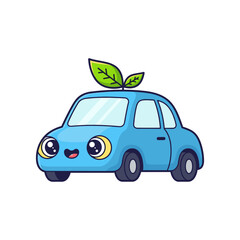 Cute cartoon blue car with a leaf on top, showcasing eco-friendliness and joy, isolated