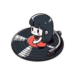 A cute animated girl sitting on a vinyl record, enjoying music in a vibrant, colorful setting