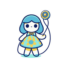 A cute animated character with blue hair holding a balloon, set against a simple background