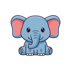 Cute cartoon blue elephant sitting happily with a cheerful expression on a white background
