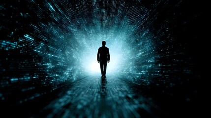 Silhouette of a man in a suit walking forward into a bright futuristic tunnel composed of glowing blue digital data streams and light