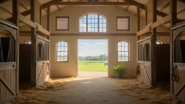 Intermediate view of natural ventilation in a horse barn with open windows and vents allowing gentle breeze circulation for a comfortable environment.