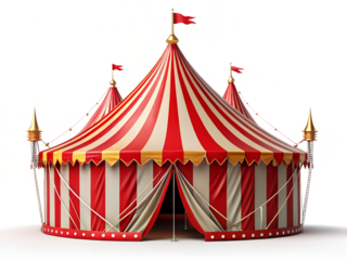 A classic red and white striped circus tent with flags and decorative lights, isolated on transparent background