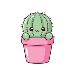 Cute cartoon cactus character in a pink pot, smiling cheerfully against a white background