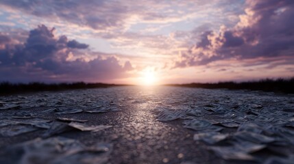 Fototapeta premium A path paved with money leading towards a bright sunrise symbolizing a financial journey and future opportunities