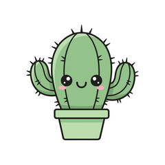 Cute cartoon cactus character in a pot with happy expression, isolated on white background