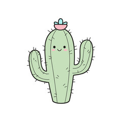 Cute cartoon cactus character with a smiling face and decorative flower on top, isolated