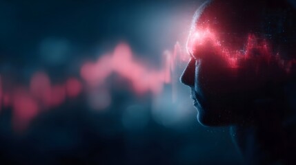 Human head silhouette with glowing red data waves emanating from the mind symbolizing thought and innovation