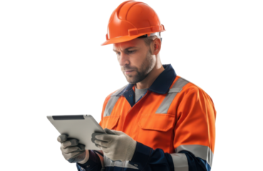 Construction worker in orange hard hat and high visibility jacket using a tablet computer, isolated on transparent background