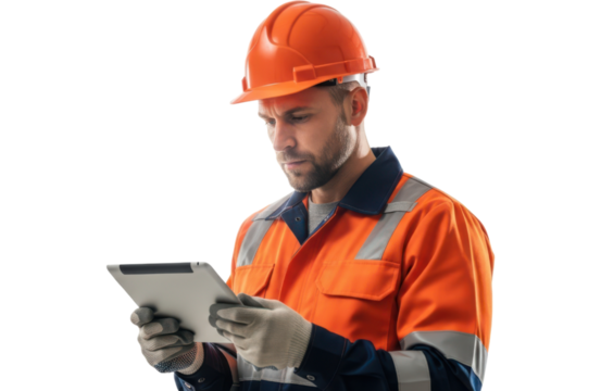 Construction worker in orange hard hat and high visibility jacket using a tablet computer, isolated on transparent background