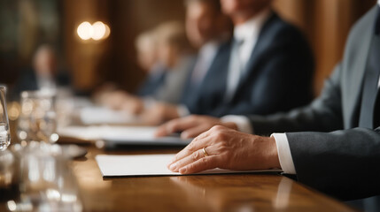 International leaders seated around polished negotiation table in grand hall, symbolizing global diplomacy, structured dialogue, and political responsibility in resolving complex international