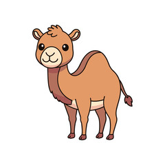 Cute cartoon camel standing upright with a friendly expression in a simple white background