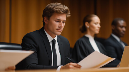 Panel of professional jurors sitting in a courtroom with law books, evidence files, and laptops, carefully reviewing witness testimonies and exhibits, highlighting impartial decision-making,