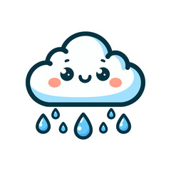 Cute cartoon cloud character with a smiling face and raindrops, set against a simple white background