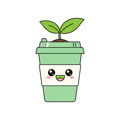 Cute cartoon coffee cup with a smiling face and a green plant sprouting from the lid