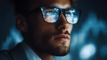 Fototapeta premium A man wearing glasses with digital data reflected on the es conveying a sense of futuristic vision and analysis