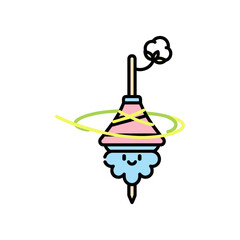 Cute cartoon cotton candy character with a smiling face, spinning in a whimsical, colorful background