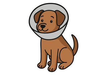 Cute cartoon dog wearing a protective cone collar. Veterinary clinic symbol for pet health and animal care. Post-surgery recovery and injury protection concept for pets.