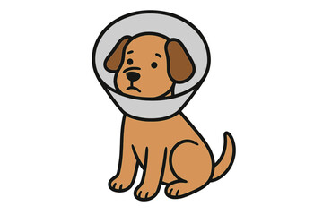 Fototapeta premium Sad cartoon dog with a veterinary cone after surgery. Sick or injured pet in an Elizabethan collar. Animal recovery concept. Vet clinic symbol for animal health care vector.