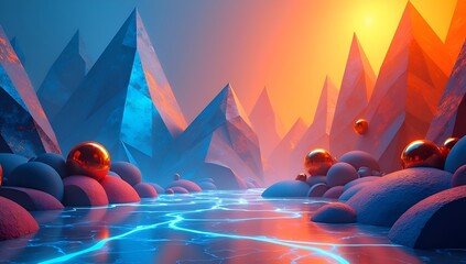 Vibrant futuristic composition of dynamic 3D spheres, ribbons, and cubes in motion, set against a dark background with neon accents for bold contrast.