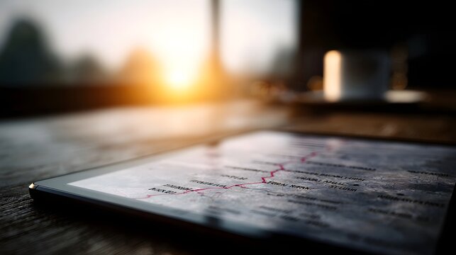 A tablet device displaying a route map rests on a wooden table illuminated by the soft glow of a morning sunrise