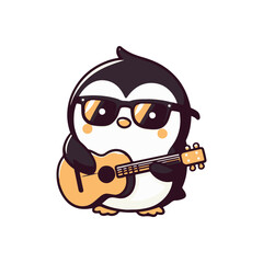 A stylish penguin wearing sunglasses plays a guitar, showcasing a fun and playful atmosphere