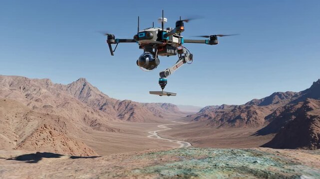 Medium shot of a drone equipped with advanced GPS technology preparing for automated mineral sampling in a rugged remote landscape under clear skies.