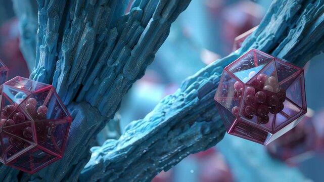 Electron hopping visualization of nanoparticle cage and fiber attached viral capsid. colorful scientific abstract microscopic