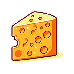 A vibrant, cartoon-style cheese wedge with holes, showcasing a bite taken out, ideal for food illustrations