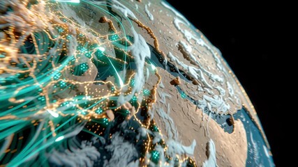 Global visualization of energy flow network across planet surface with turquoise streams and gold nodes evoking dynamic - Powered by Adobe