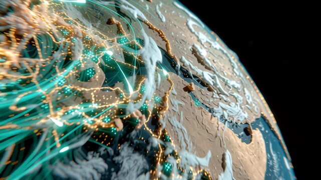 Global visualization of energy flow network across planet surface with turquoise streams and gold nodes evoking dynamic - Powered by Adobe