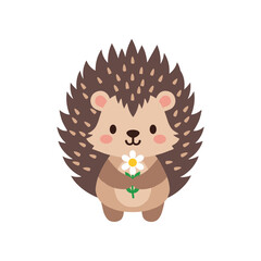 Cute cartoon hedgehog holding a flower, set against a simple white background, ideal for children's illustrations