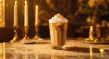 Obraz premium Golden drink with whipped cream in a tall glass by candles on a table