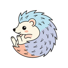Cute cartoon hedgehog sitting comfortably with colorful quills on a white background