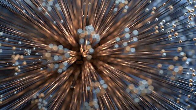 Charge separation process organic material filament sphere with glowing spiky metallic filaments fiber optic particle bursts