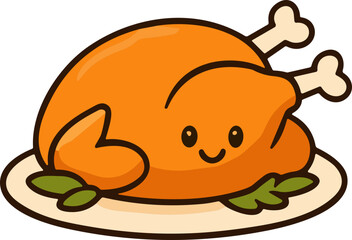A cute kawaii-style roasted turkey on a plate with a smiling face, symbolizing warmth and festivity for Thanksgiving dinner.