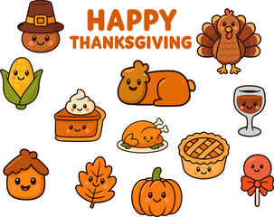 A cheerful kawaii-style Thanksgiving illustration featuring cute smiling foods, fall elements, and festive icons like a turkey, pumpkin pie, and corn.