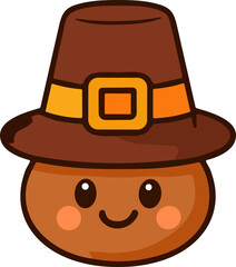 A cheerful kawaii-style Thanksgiving character wearing a classic pilgrim hat with a golden buckle and a cute smiling face.